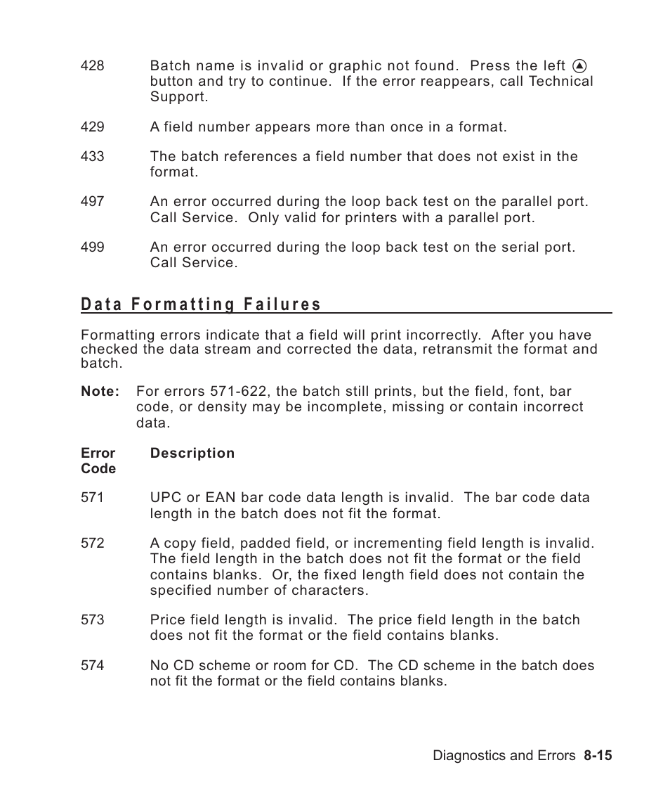 Data formatting failures 8-15, List of data format errors 8-15, Format 8-15 | List of 8-15, Data formatting errors 8-15, List of format errors 8-15, Data formatting failures -15 | Avery Dennison Sierra Sport2 9460 Programmer Manual User Manual | Page 147 / 230