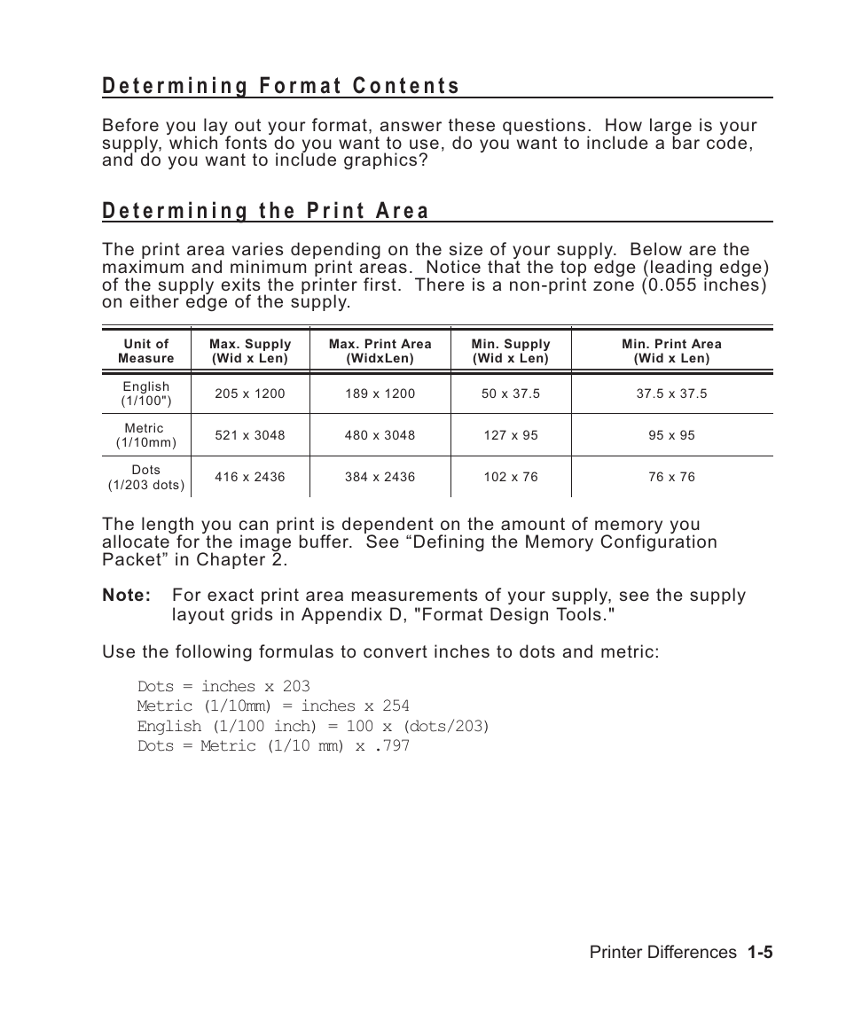 Determining format contents 1-5, Determining the print area 1-5, Print area 1-5 | Determining format content 1-5, Decisions to make 1-5, Determining content 1-5, Maximum size 1-5, Determining format contents -5, Determining the print area -5 | Avery Dennison Sierra Sport2 9460 Programmer Manual User Manual | Page 15 / 230