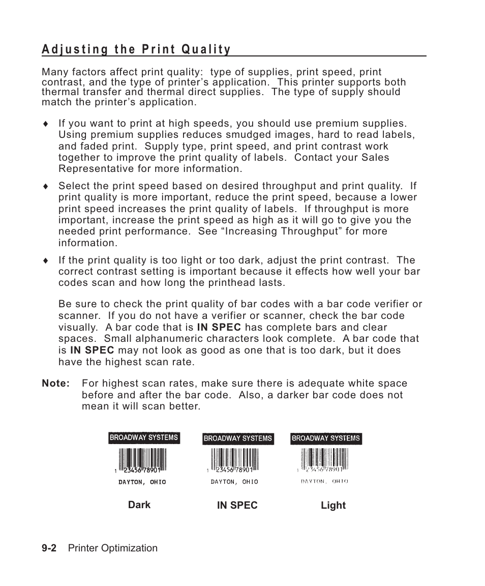 Adjusting the print quality 9-2, Print quality 9-2, Print speed 9-2 | Poor print quality 9-2, Adjusting the print quality -2 | Avery Dennison Sierra Sport2 9460 Programmer Manual User Manual | Page 156 / 230