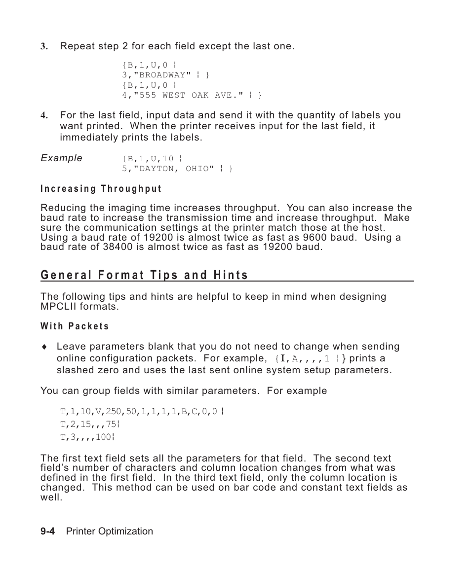 General format tips and hints 9-4, Repeating parameters 9-4, Optimizing 9-4 | When to use scalable fonts 9-4, Repeating field parameters 9-4, Repeating 9-4, Image time and changing data 9-4, Imaging time and repeating field parameters 9-4, General format tips and hints -4 | Avery Dennison Sierra Sport2 9460 Programmer Manual User Manual | Page 158 / 230