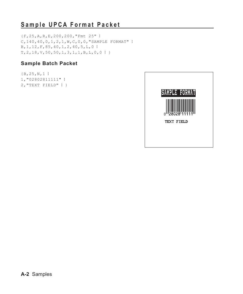 Sample upca format packet a-2, Sample a-2, Format a-2 | Avery Dennison Sierra Sport2 9460 Programmer Manual User Manual | Page 162 / 230