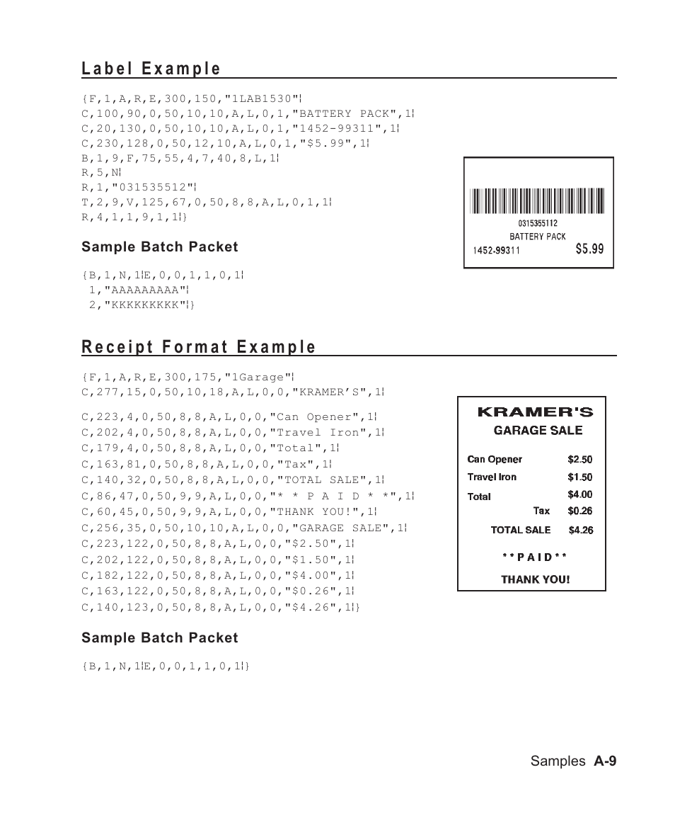 Label example a-9, Receipt format example a-9, Sample batch packet | Samples a-9 | Avery Dennison Sierra Sport2 9460 Programmer Manual User Manual | Page 169 / 230