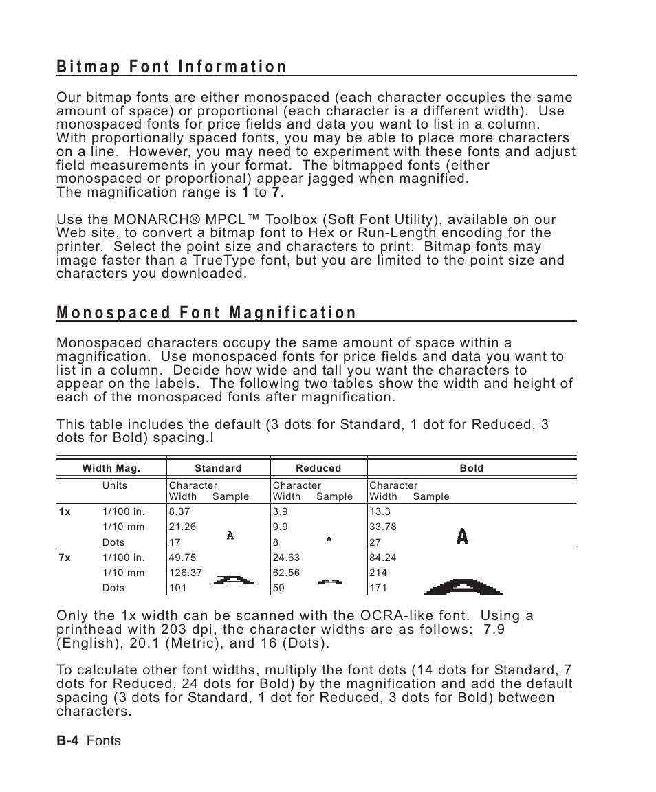 Bitmap font information b-4, Monospaced font magnification b-4, Magnifying font size b-4 | Monospaced magnification b-4, Of monospaced fonts b-4, Monospaced fonts, magnification of b-4, Monospaced fonts b-4 | Avery Dennison Sierra Sport2 9460 Programmer Manual User Manual | Page 174 / 230