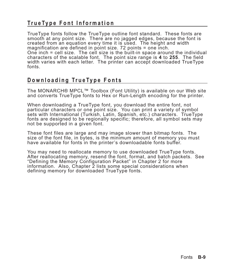 Truetype font information b-9, Downloading truetype fonts b-9 | Avery Dennison Sierra Sport2 9460 Programmer Manual User Manual | Page 179 / 230