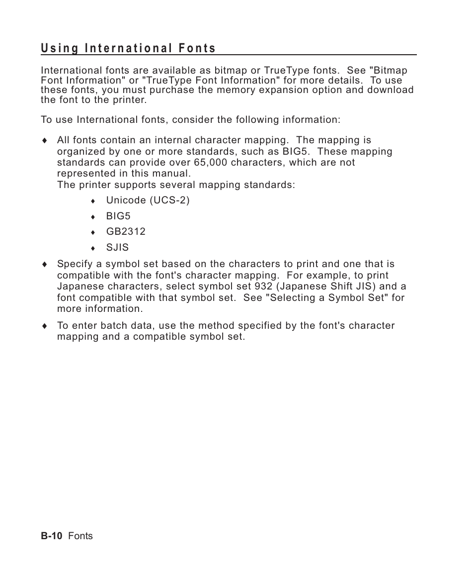 Using international fonts b-10, Double-byte fonts b-10, Double-byte b-10 | Avery Dennison Sierra Sport2 9460 Programmer Manual User Manual | Page 180 / 230