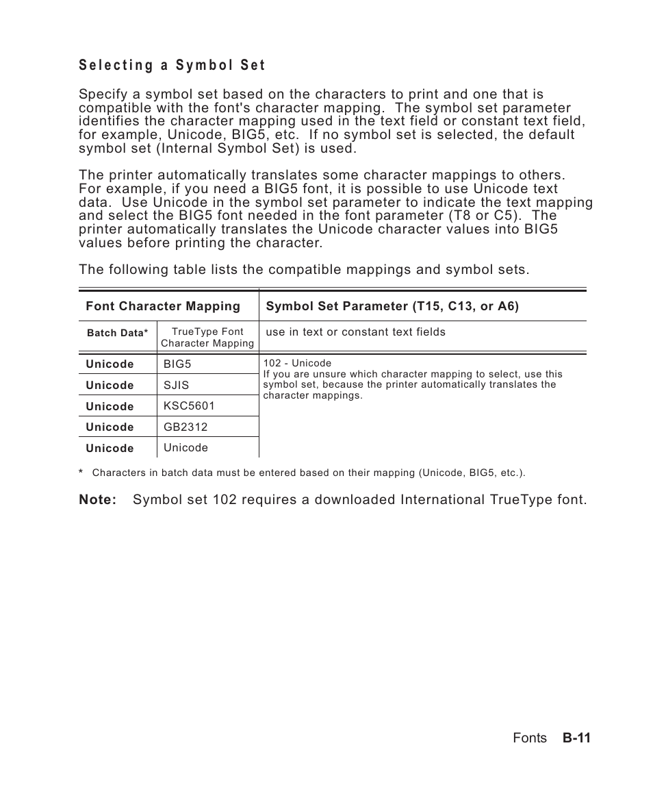 Selecting a symbol set b-11, Symbol set b-11, c-2, For international chars b-11, c-2 | Avery Dennison Sierra Sport2 9460 Programmer Manual User Manual | Page 181 / 230