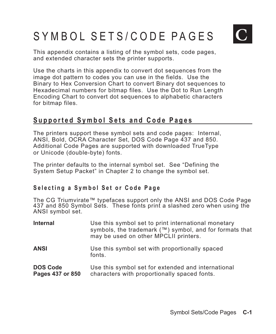 437 and 850 c-1, Selecting c-1, Symbol set c-1 | Ansi c-1 | Avery Dennison Sierra Sport2 9460 Programmer Manual User Manual | Page 185 / 230