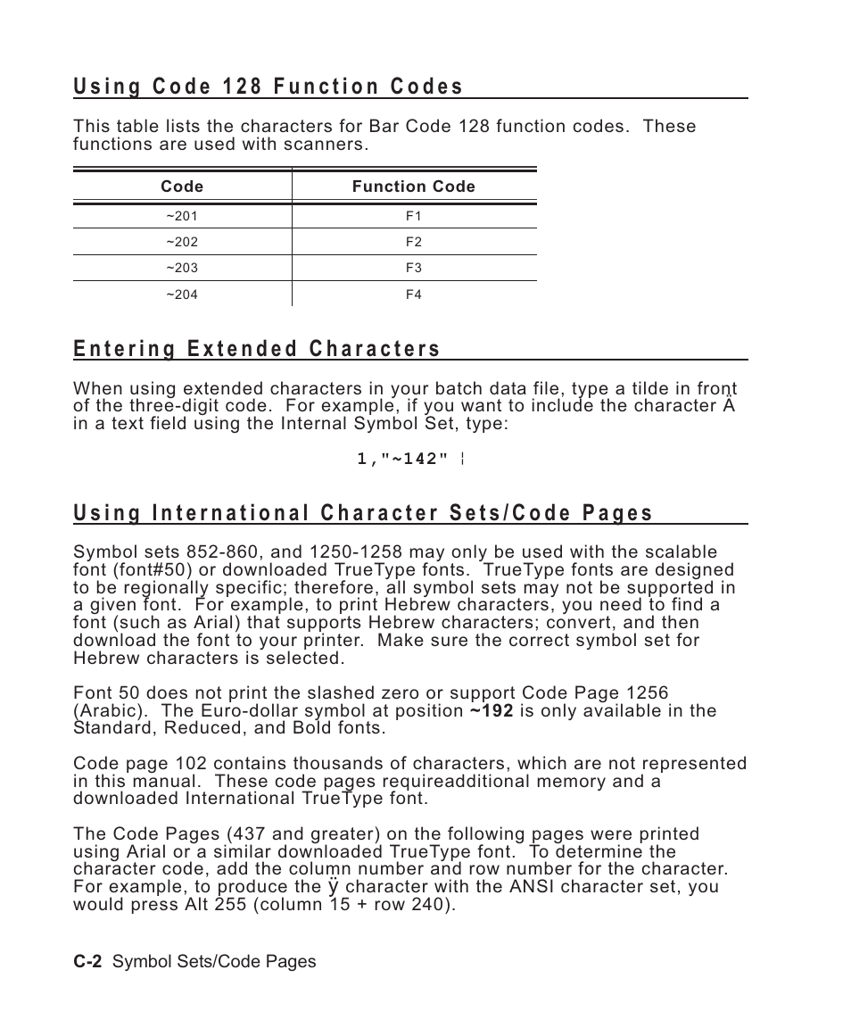 Using code 128 function codes c-2, Entering extended characters c-2, Entering c-2 | Avery Dennison Sierra Sport2 9460 Programmer Manual User Manual | Page 186 / 230