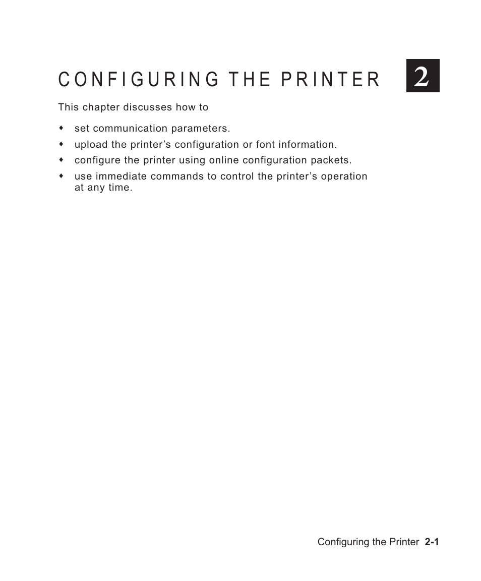 Configuring the printer 2-1, Configuring the printer -1 | Avery Dennison Sierra Sport2 9460 Programmer Manual User Manual | Page 19 / 230