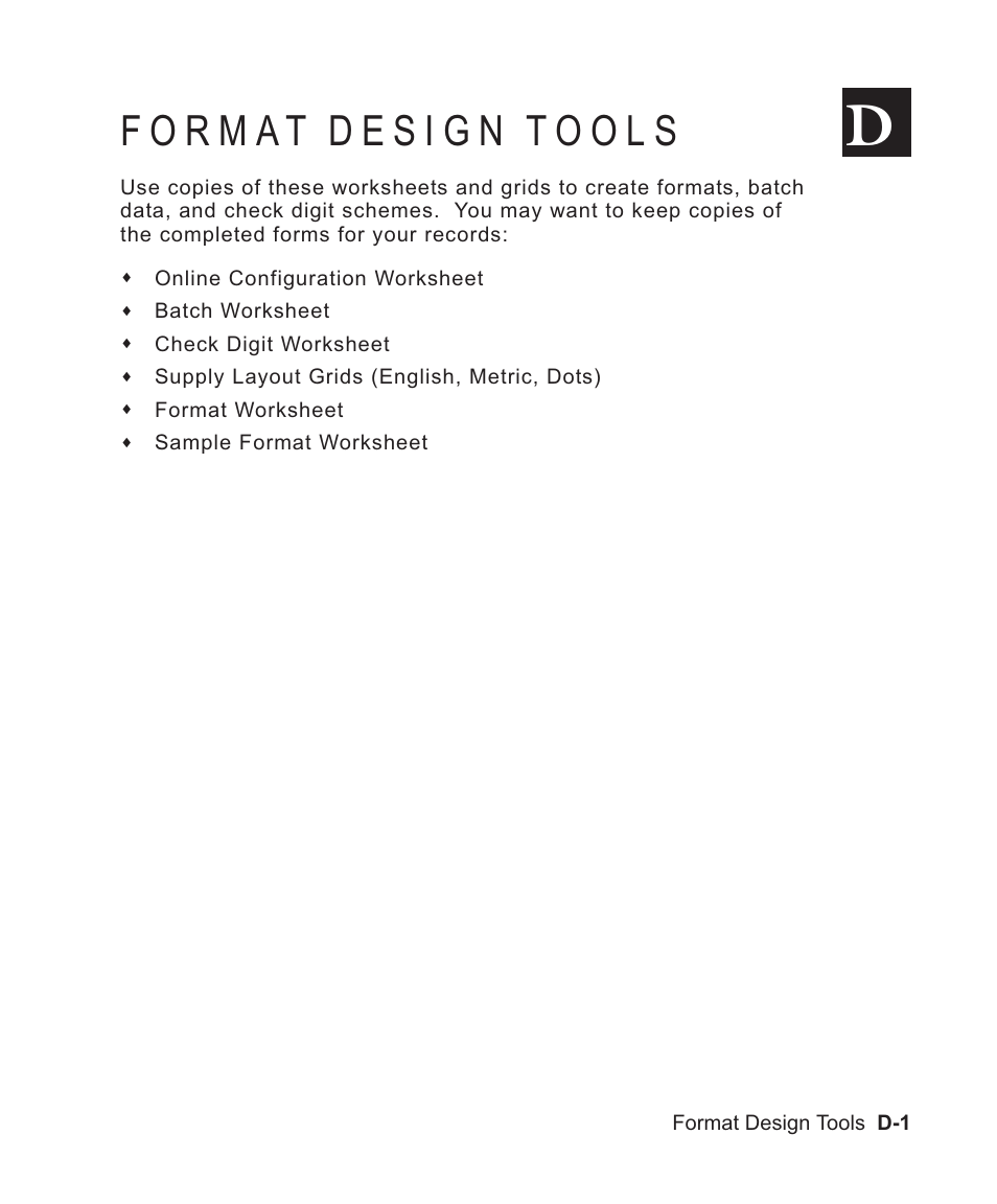 Format design tools d-1, Format worksheet d-1, Format d-1 | Avery Dennison Sierra Sport2 9460 Programmer Manual User Manual | Page 205 / 230