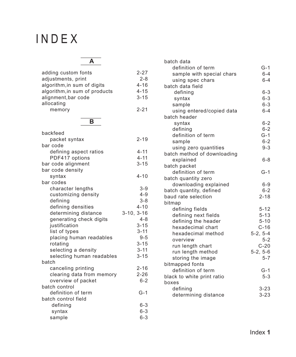 Index 1 | Avery Dennison Sierra Sport2 9460 Programmer Manual User Manual | Page 217 / 230