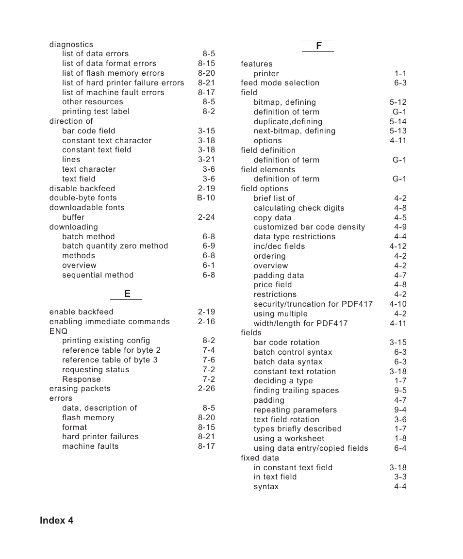 Index 4 | Avery Dennison Sierra Sport2 9460 Programmer Manual User Manual | Page 220 / 230