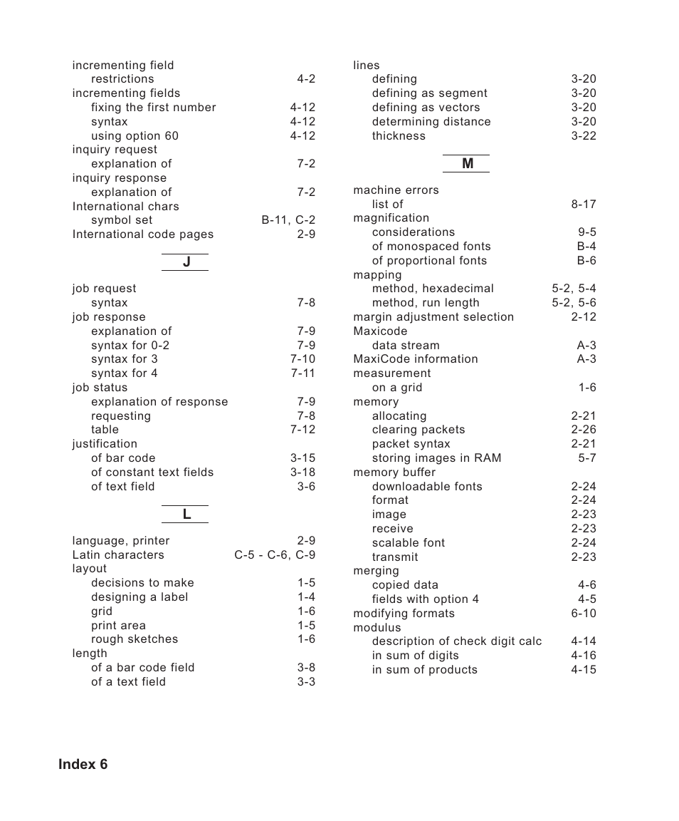 Index 6 | Avery Dennison Sierra Sport2 9460 Programmer Manual User Manual | Page 222 / 230