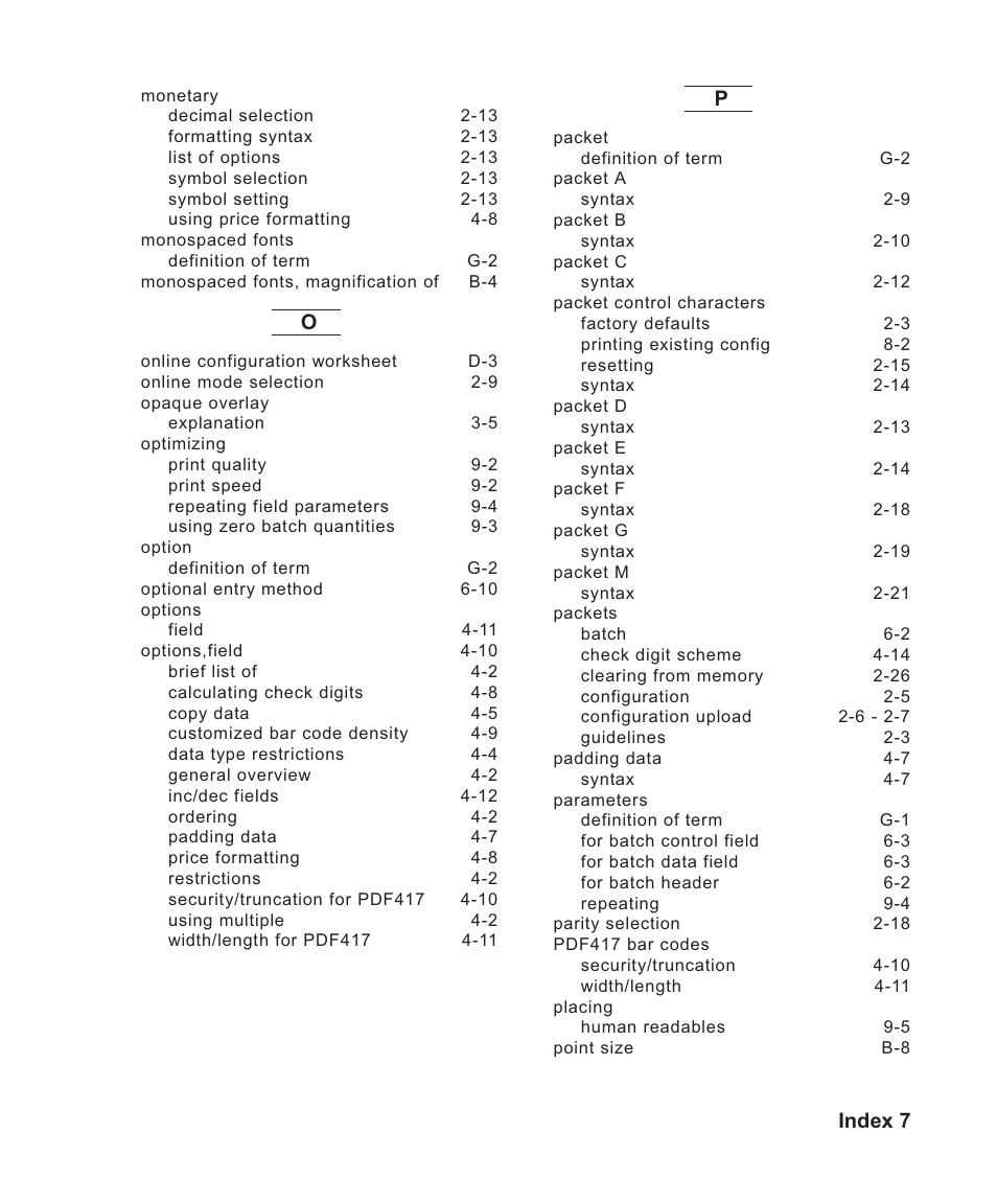 Index 7 | Avery Dennison Sierra Sport2 9460 Programmer Manual User Manual | Page 223 / 230