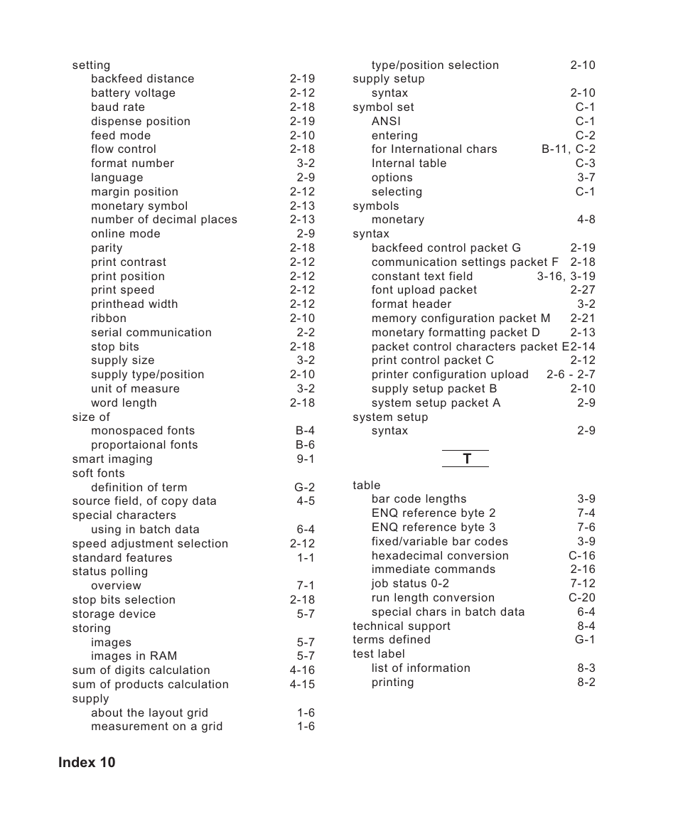 Index 10 | Avery Dennison Sierra Sport2 9460 Programmer Manual User Manual | Page 226 / 230