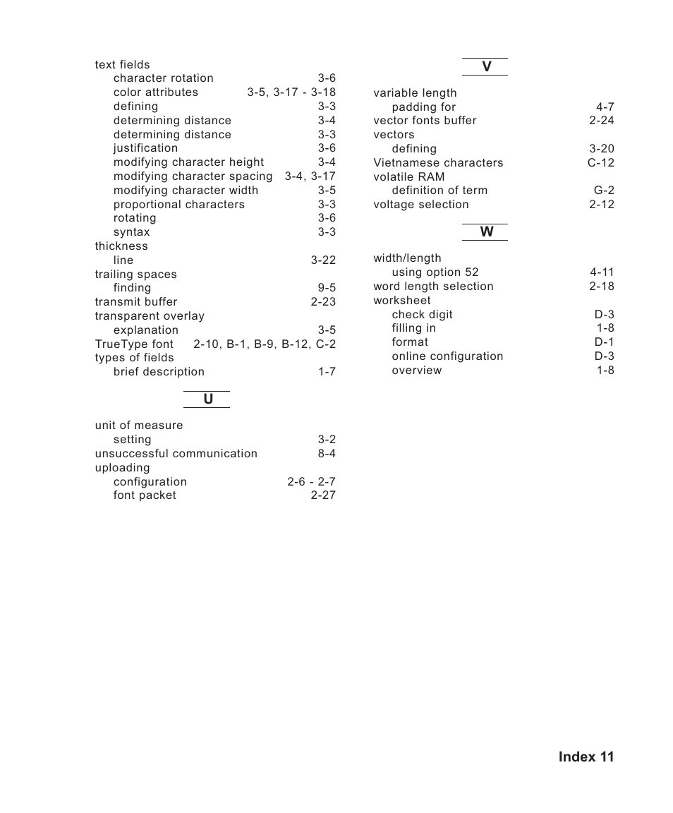 Index 11 | Avery Dennison Sierra Sport2 9460 Programmer Manual User Manual | Page 227 / 230