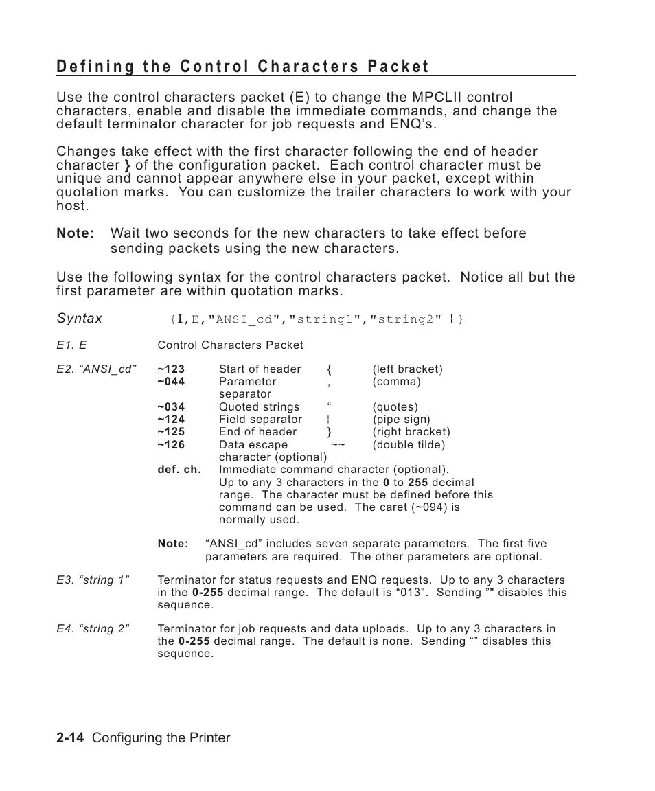 Defining the control characters packet 2-14, Control characters 2-14, Control characters packet e 2-14 | Selecting 2-14, Selecting new 2-14, Syntax 2-14, Packet control characters packet e 2-14, Defining the control characters packet -14 | Avery Dennison Sierra Sport2 9460 Programmer Manual User Manual | Page 32 / 230