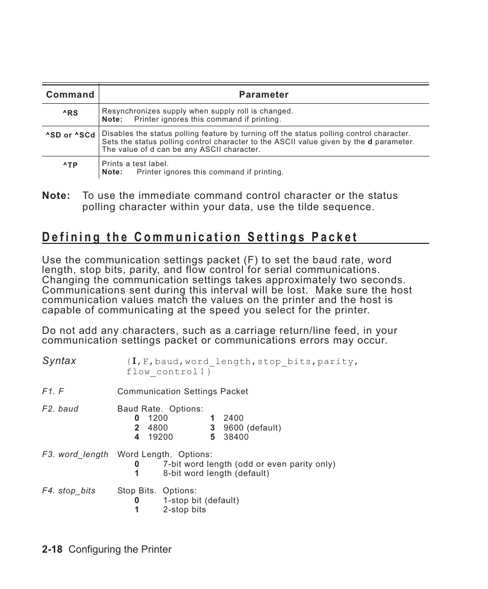 Defining the communication settings packet 2-18, Baud rate selection 2-18, Communication settings 2-18 | Packet syntax 2-18, Communication settings packet f 2-18, Flow control selection 2-18, Syntax 2-18, Parity selection 2-18, Baud rate 2-18, Flow control 2-18 | Avery Dennison Sierra Sport2 9460 Programmer Manual User Manual | Page 36 / 230