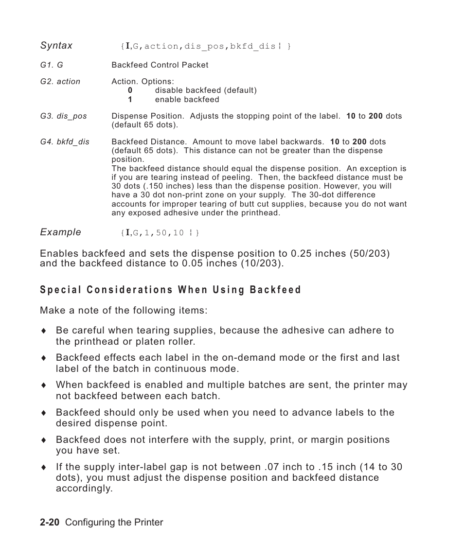 Special considerations when using backfeed 2-20, Special considerations when using backfeed -20 | Avery Dennison Sierra Sport2 9460 Programmer Manual User Manual | Page 38 / 230