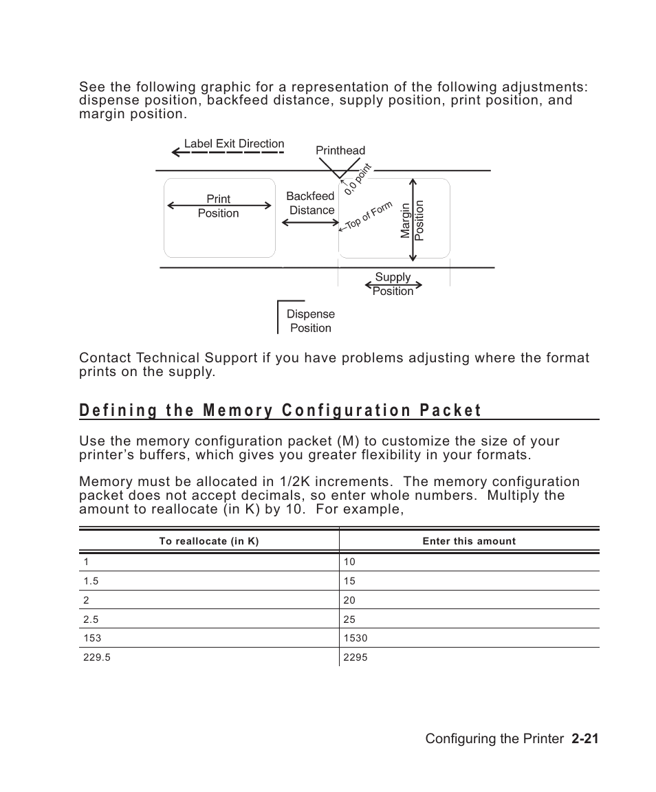 Defining the memory configuration packet 2-21, Memory 2-21, Buffer selection 2-21 | Buffer size selection 2-21, Memory configuration 2-21, Memory configuration packet m 2-21, Device selection 2-21, Allocating 2-21, Packet syntax 2-21, Syntax 2-21 | Avery Dennison Sierra Sport2 9460 Programmer Manual User Manual | Page 39 / 230