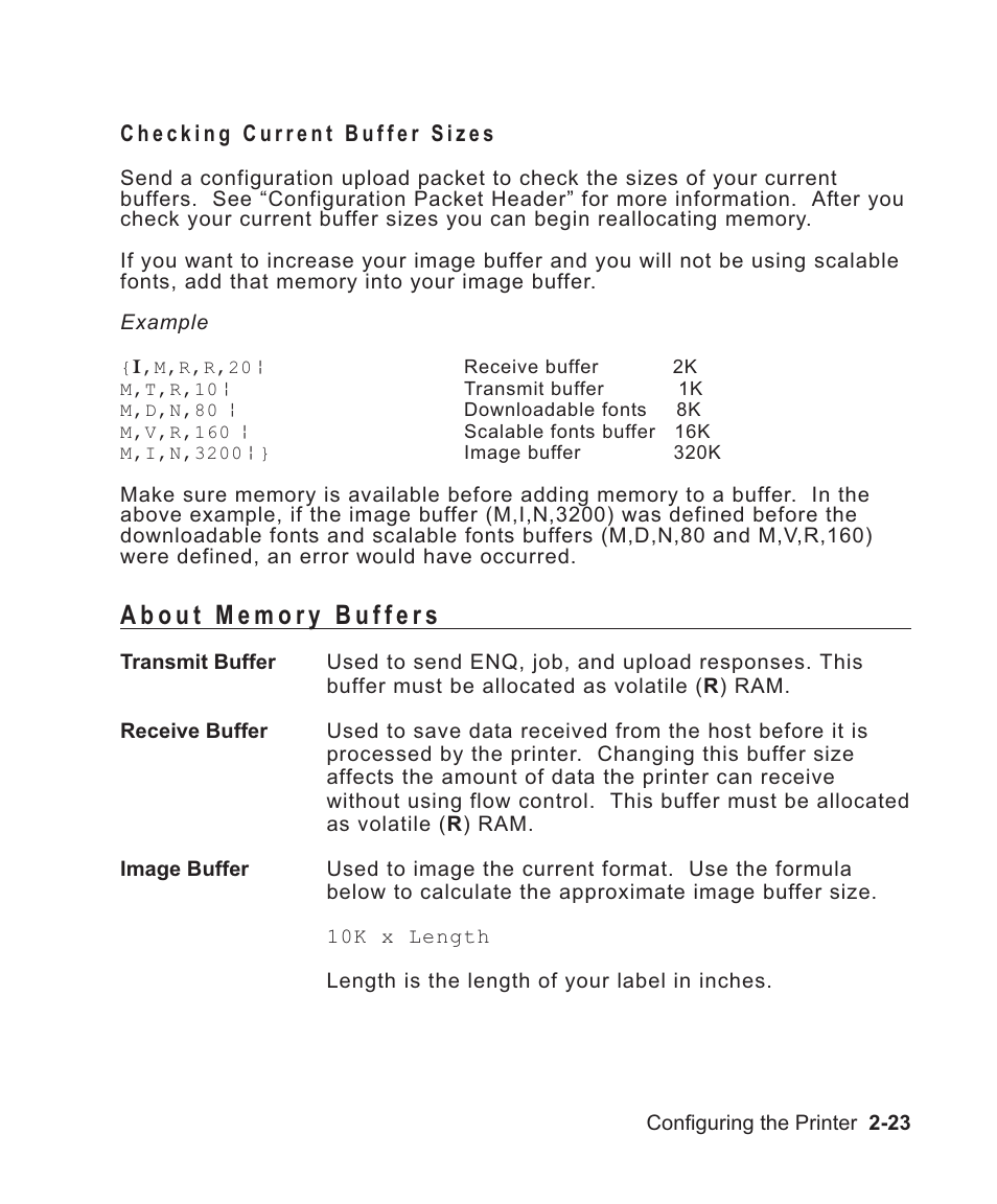 Checking current buffer sizes 2-23, About memory buffers 2-23, Image buffer 2-23 | Image 2-23, Receive 2-23, Transmit 2-23, Receive buffer 2-23, Transmit buffer 2-23, Checking current buffer sizes -23, About memory buffers -23 | Avery Dennison Sierra Sport2 9460 Programmer Manual User Manual | Page 41 / 230