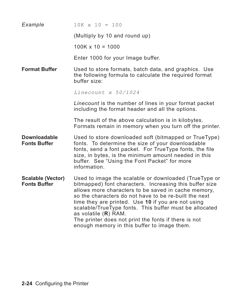 Scalable font 2-24, Buffer 2-24, Downloadable fonts 2-24 | Format 2-24, Vector fonts buffer 2-24 | Avery Dennison Sierra Sport2 9460 Programmer Manual User Manual | Page 42 / 230