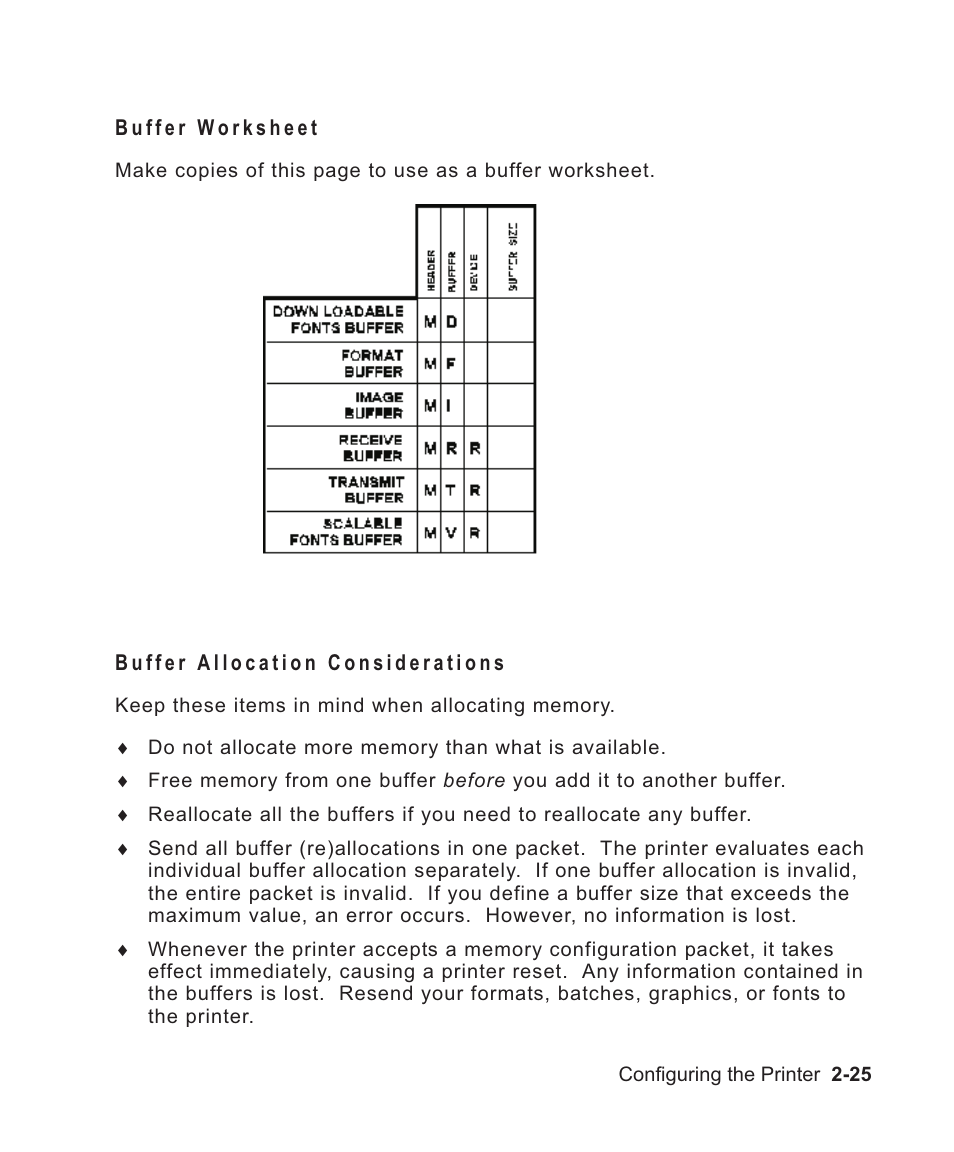 Buffer worksheet 2-25, Buffer allocation considerations 2-25, Buffer worksheet -25 | Buffer allocation considerations -25 | Avery Dennison Sierra Sport2 9460 Programmer Manual User Manual | Page 43 / 230