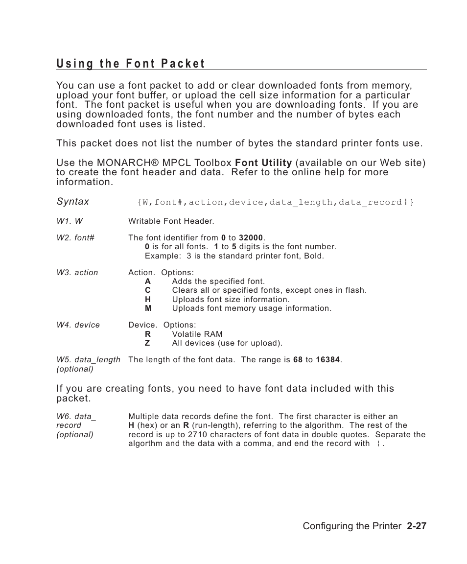 Using the font packet 2-27, Adding custom fonts 2-27, Font upload packet 2-27 | Defining 2-27, Font packet 2-27, Using the font packet -27 | Avery Dennison Sierra Sport2 9460 Programmer Manual User Manual | Page 45 / 230