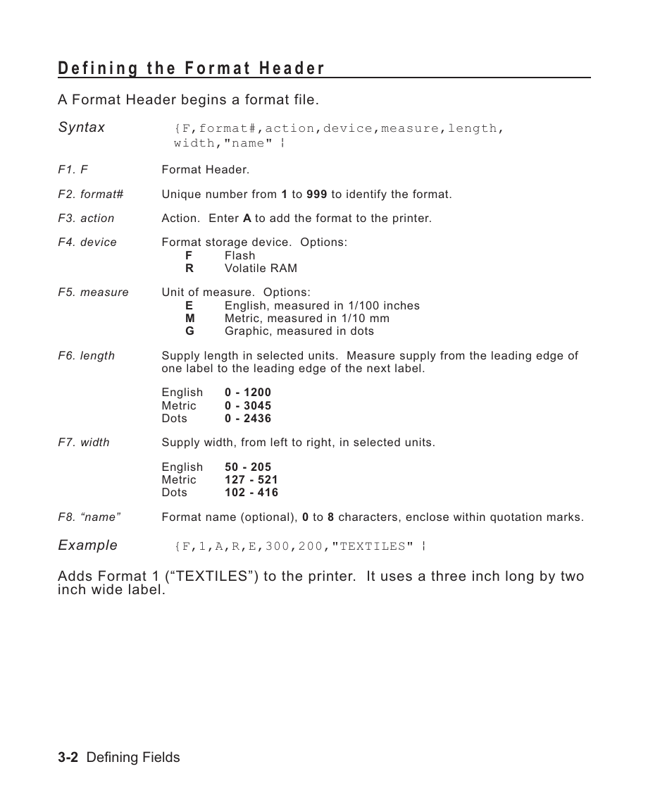 Defining the format header 3-2, Defining the header 3-2, Format header 3-2 | Format number 3-2, Supply size 3-2, Unit of measure 3-2, Setting 3-2, Defining the format header -2 | Avery Dennison Sierra Sport2 9460 Programmer Manual User Manual | Page 50 / 230