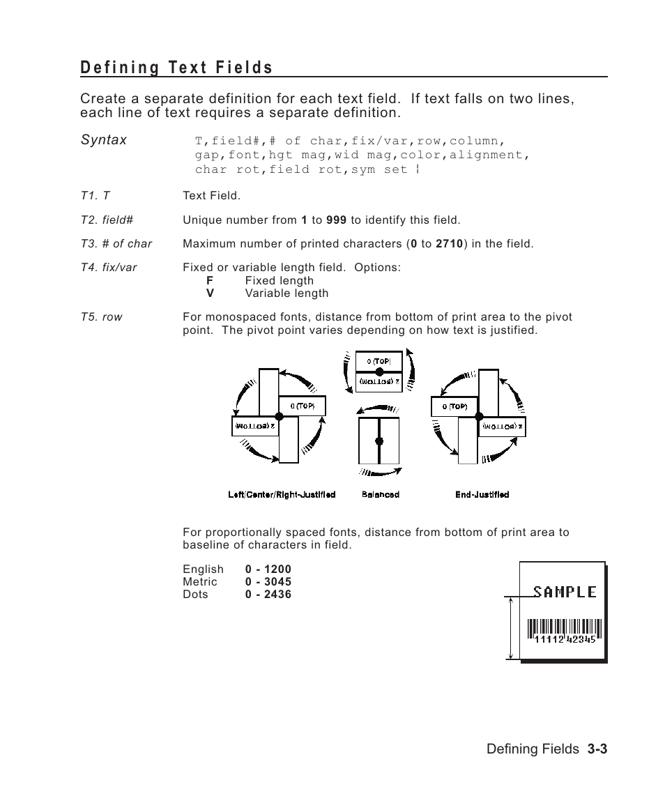 Defining text fields 3-3, Number of in text 3-3, Text fields 3-3 | In text field 3-3, Of a text field 3-3, Text field 3-3, Defining 3-3, Determining distance 3-3, Proportional characters 3-3, Syntax 3-3 | Avery Dennison Sierra Sport2 9460 Programmer Manual User Manual | Page 51 / 230