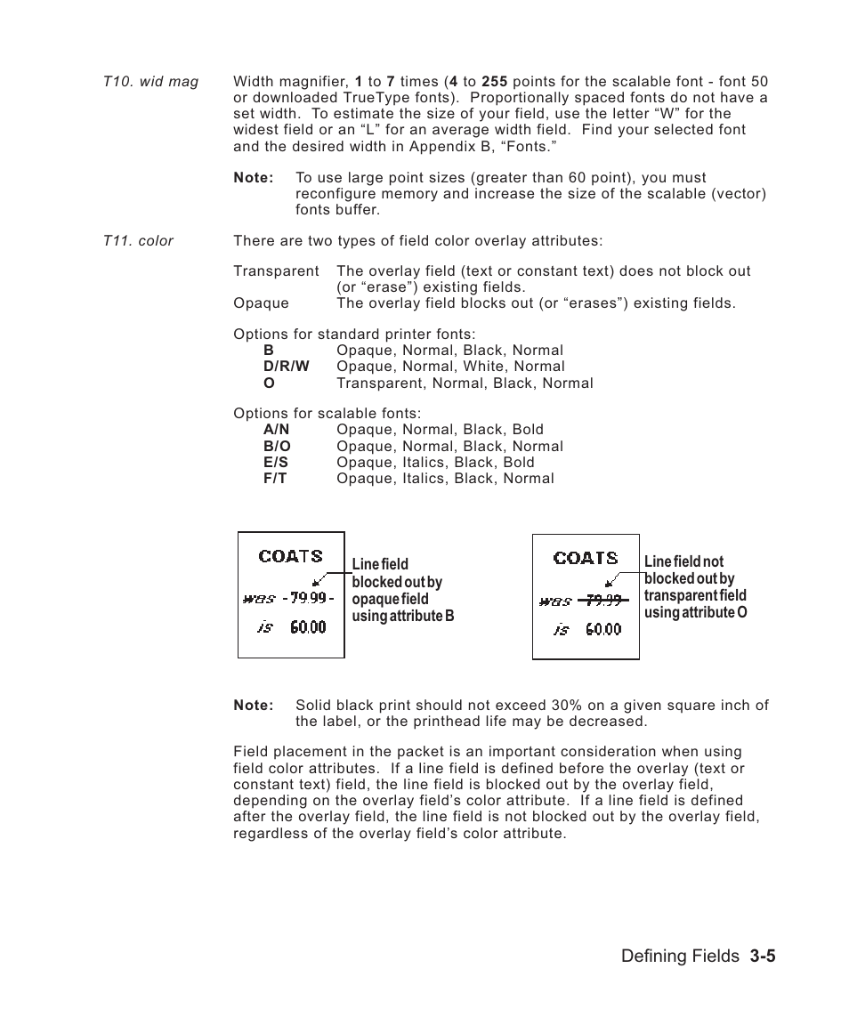 Color options of text 3-5, 3-18, Explanation 3-5, Color attributes 3-5, 3-17 - 3-18 | Modifying character width 3-5, Defining fields 3-5 | Avery Dennison Sierra Sport2 9460 Programmer Manual User Manual | Page 53 / 230