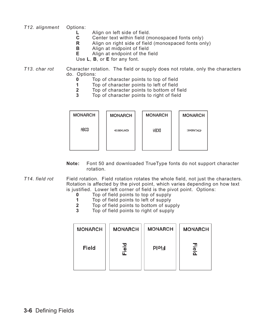 In text field 3-6, Text character 3-6, Text field 3-6 | Text field rotation 3-6, Of text field 3-6, Text characters 3-6, Text fields 3-6, Character rotation 3-6, Justification 3-6, Rotating 3-6 | Avery Dennison Sierra Sport2 9460 Programmer Manual User Manual | Page 54 / 230