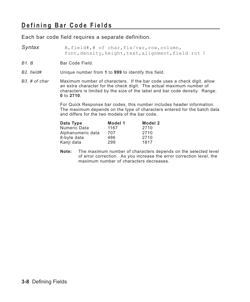 Defining bar code fields 3-8, Defining 3-8, Number of in bar code 3-8 | Bar codes 3-8, Defining bar codes 3-8, Of a bar code field 3-8, Defining bar code fields -8 | Avery Dennison Sierra Sport2 9460 Programmer Manual User Manual | Page 56 / 230