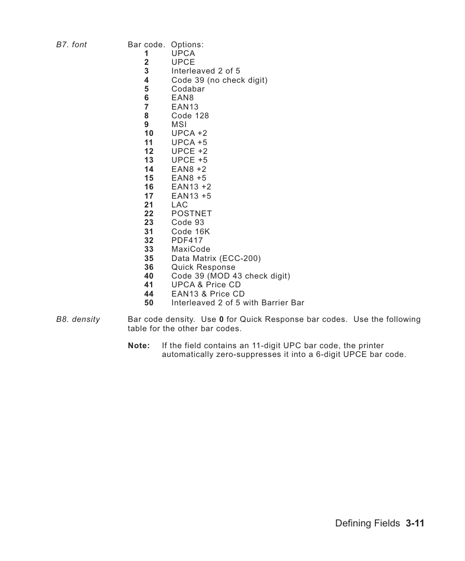 List of types 3-11, Selecting a density 3-11, Bar code type 3-11 | Selecting bar code type 3-11, Defining fields 3-11 | Avery Dennison Sierra Sport2 9460 Programmer Manual User Manual | Page 59 / 230