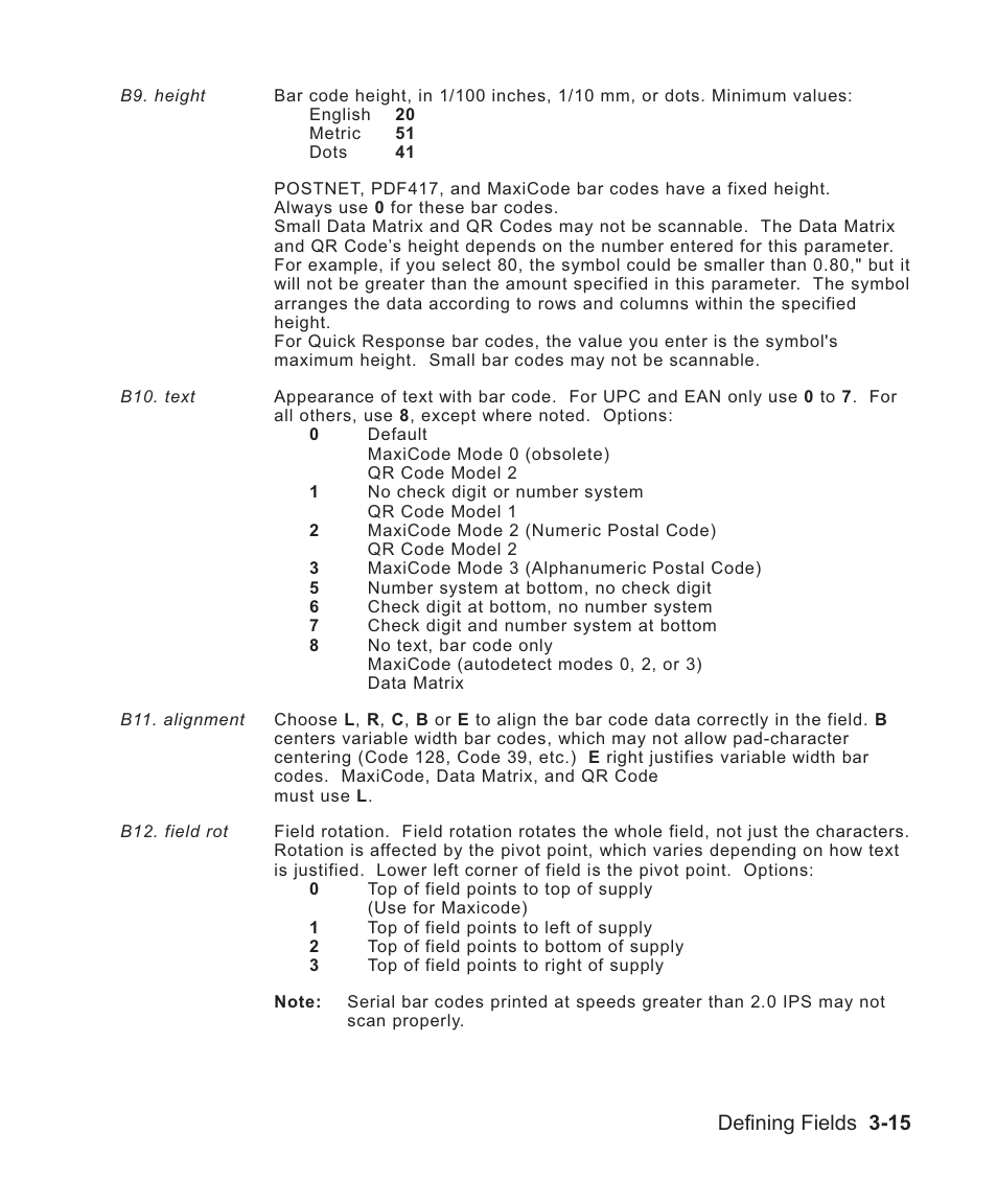 Alignment,bar code 3-15, Bar code alignment 3-15, Justification 3-15 | Rotating 3-15, Selecting human readables 3-15, Bar code field 3-15, Bar code rotation 3-15, Selecting 3-15, Of bar code 3-15, Bar codes 3-15 | Avery Dennison Sierra Sport2 9460 Programmer Manual User Manual | Page 63 / 230