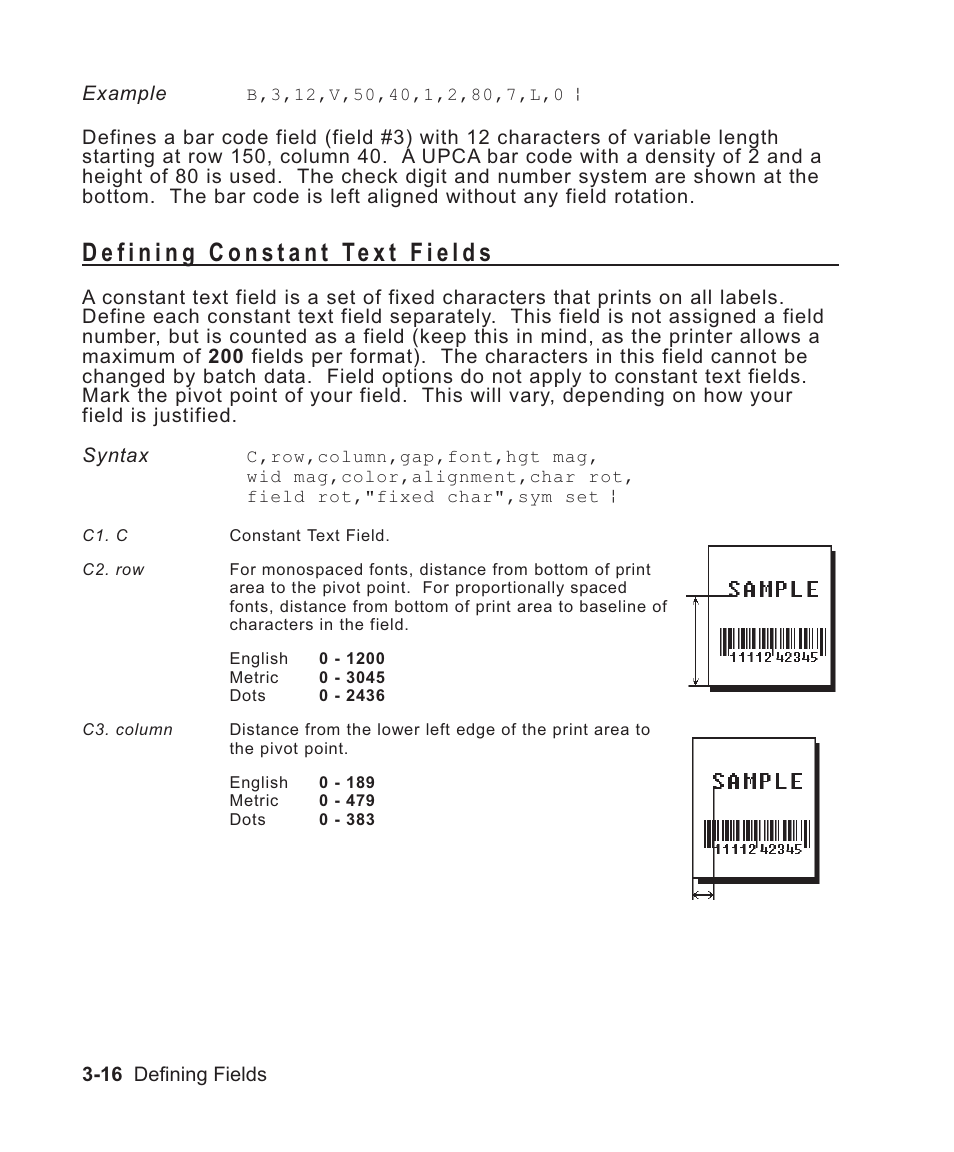 Defining constant text fields 3-16, Defining 3-16, Determining distance 3-16 | Sample 3-16, 3-19, Constant text fields 3-16, Constant text field 3-16, 3-19, Defining constant text fields -16 | Avery Dennison Sierra Sport2 9460 Programmer Manual User Manual | Page 64 / 230