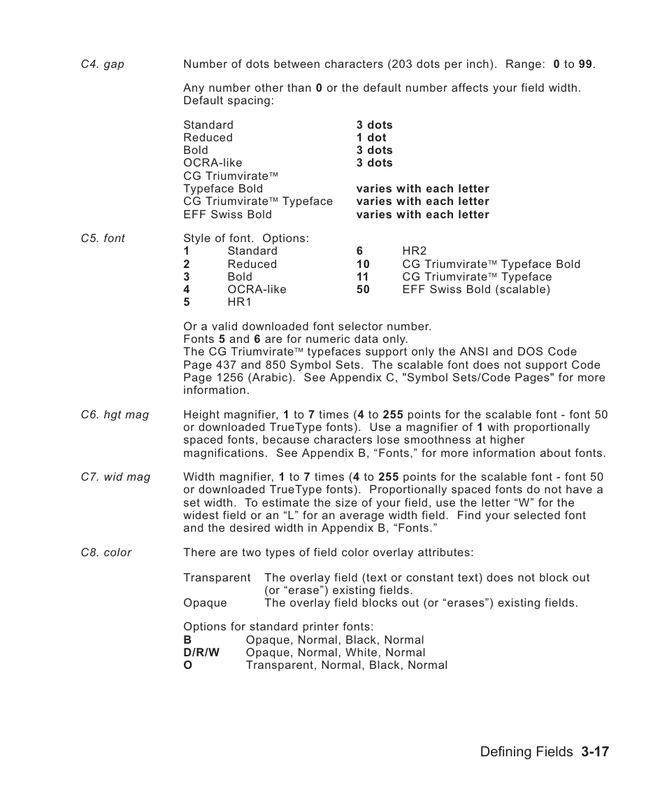 Modifying character height 3-17, Modifying character width 3-17, Defining fields 3-17 | Avery Dennison Sierra Sport2 9460 Programmer Manual User Manual | Page 65 / 230