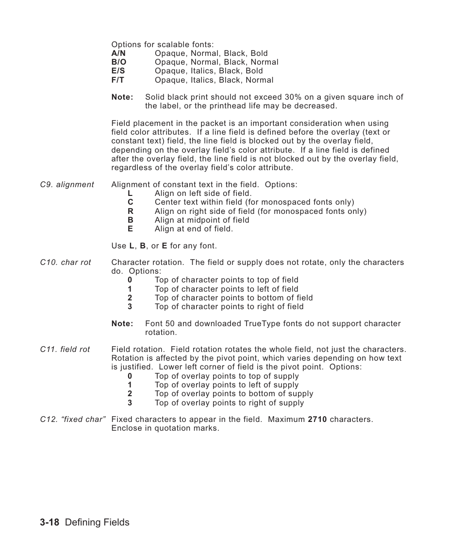 In constant text field 3-18, Character rotation 3-18, Justification 3-18 | Rotating 3-18, Constant text character 3-18, Constant text field 3-18, Constant text rotation 3-18, Of constant text fields 3-18, Constant text characters 3-18, Constant text fields 3-18 | Avery Dennison Sierra Sport2 9460 Programmer Manual User Manual | Page 66 / 230