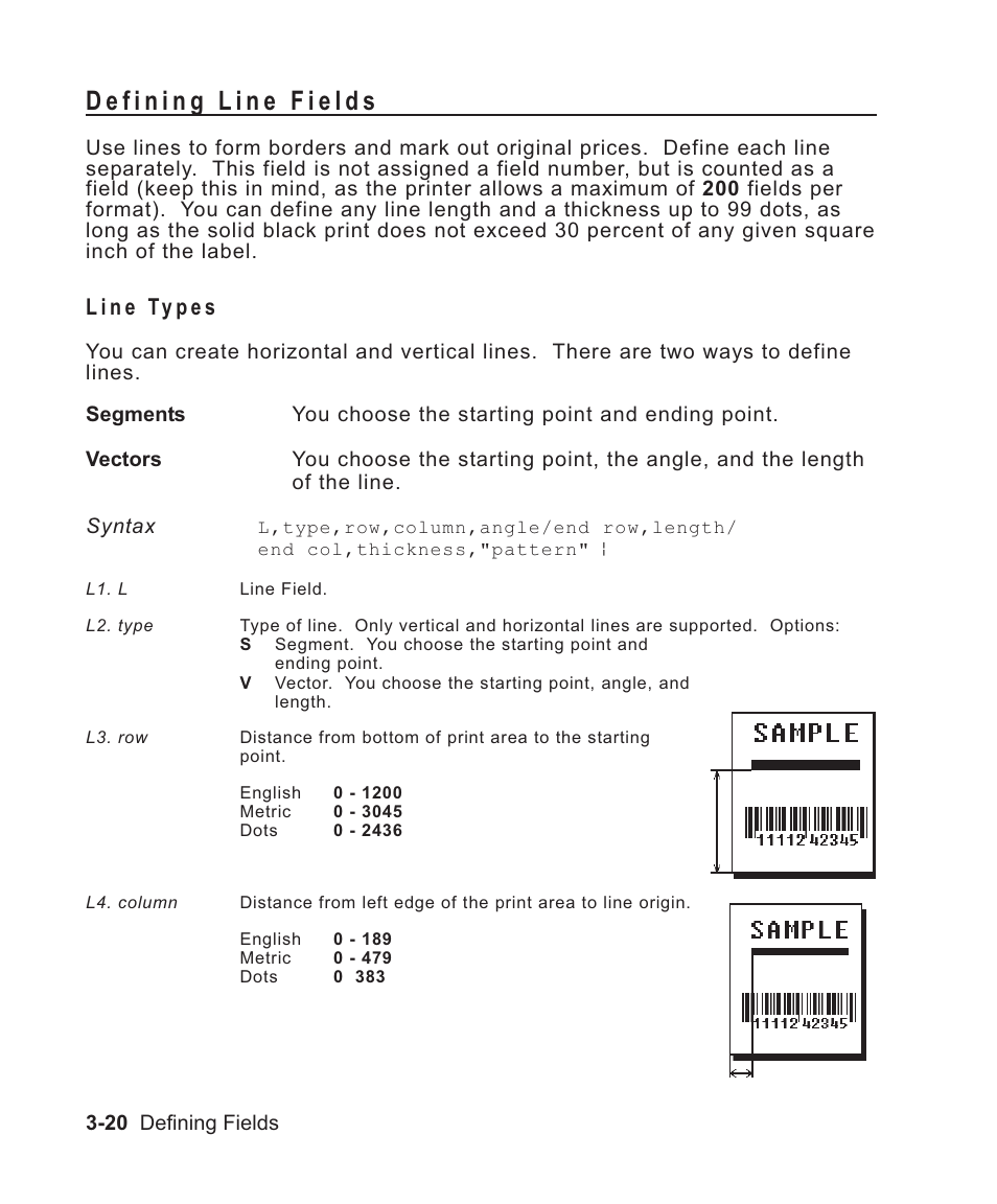 Defining line fields 3-20, Line types 3-20, Lines 3-20 | Defining lines 3-20, Defining 3-20, Defining as segment 3-20, Defining as vectors 3-20, Determining distance 3-20, Defining line fields -20, Line types -20 | Avery Dennison Sierra Sport2 9460 Programmer Manual User Manual | Page 68 / 230