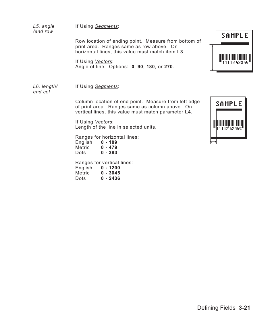 Lines 3-21, Defining fields 3-21 | Avery Dennison Sierra Sport2 9460 Programmer Manual User Manual | Page 69 / 230