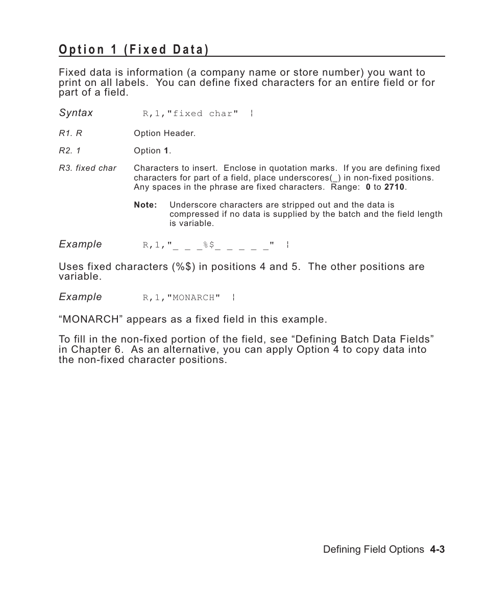 Option 1 (fixed data) 4-3, Syntax 4-3, 4-5, Option 1 (fixed data) -3 | Avery Dennison Sierra Sport2 9460 Programmer Manual User Manual | Page 75 / 230