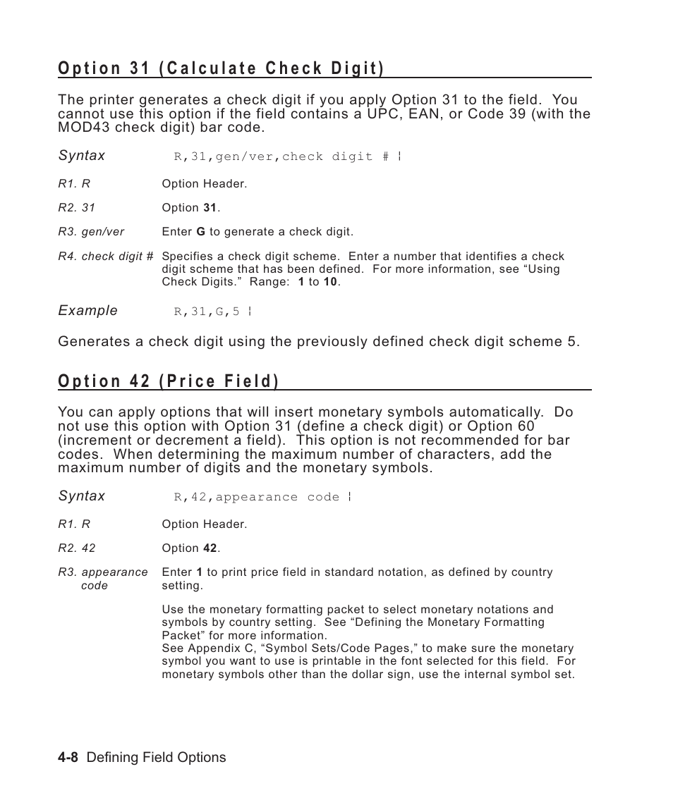 Option 31 (calculate check digit) 4-8, Option 42 (price field) 4-8, Generating check digits 4-8 | Syntax 4-8, Generating 4-8, Calculating check digits 4-8, Price field 4-8, With option 31 4-8, Using price formatting 4-8, Price formatting 4-8 | Avery Dennison Sierra Sport2 9460 Programmer Manual User Manual | Page 80 / 230