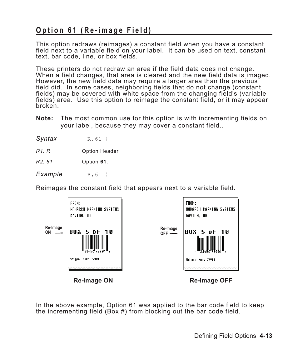 Option 61 (re-image field) 4-13, Option 61 (re-image field) -13 | Avery Dennison Sierra Sport2 9460 Programmer Manual User Manual | Page 85 / 230