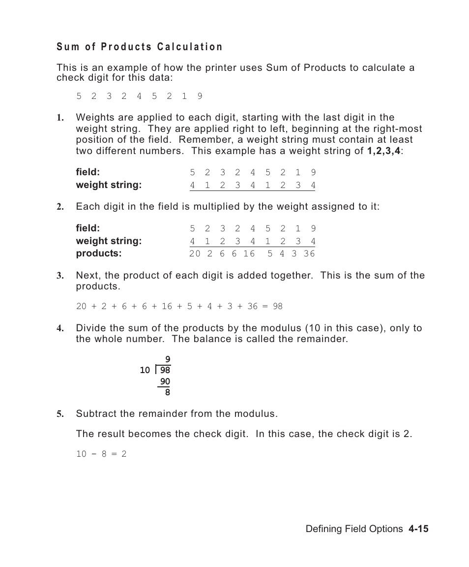 Sum of products calculation 4-15, Algorithm,in sum of products 4-15, Using sum of products 4-15 | Check digit scheme w/sop 4-15, In sum of products 4-15, Sum of products calculation -15 | Avery Dennison Sierra Sport2 9460 Programmer Manual User Manual | Page 87 / 230