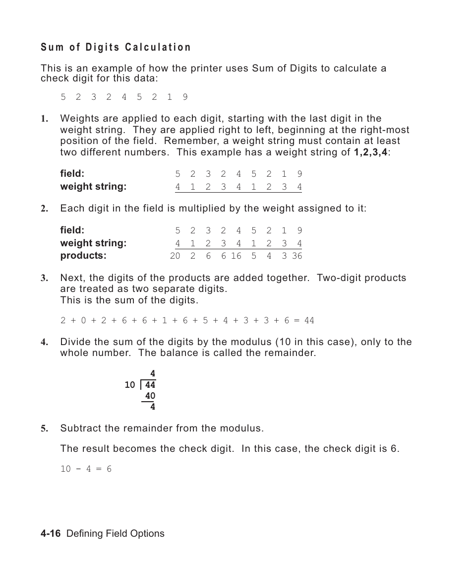 Sum of digits calculation 4-16, Algorithm,in sum of digits 4-16, Using sum of digits 4-16 | Check digit scheme w/sod 4-16, In sum of digits 4-16, Sum of digits calculation -16 | Avery Dennison Sierra Sport2 9460 Programmer Manual User Manual | Page 88 / 230