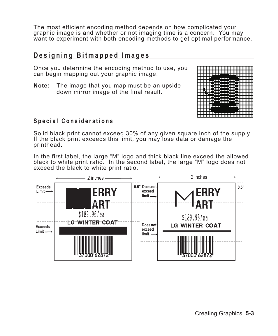 Designing bitmapped images 5-3, Special considerations 5-3, Black to white print ratio 5-3 | Black to white ratio 5-3, Designing bitmapped images -3, Special considerations -3 | Avery Dennison Sierra Sport2 9460 Programmer Manual User Manual | Page 91 / 230
