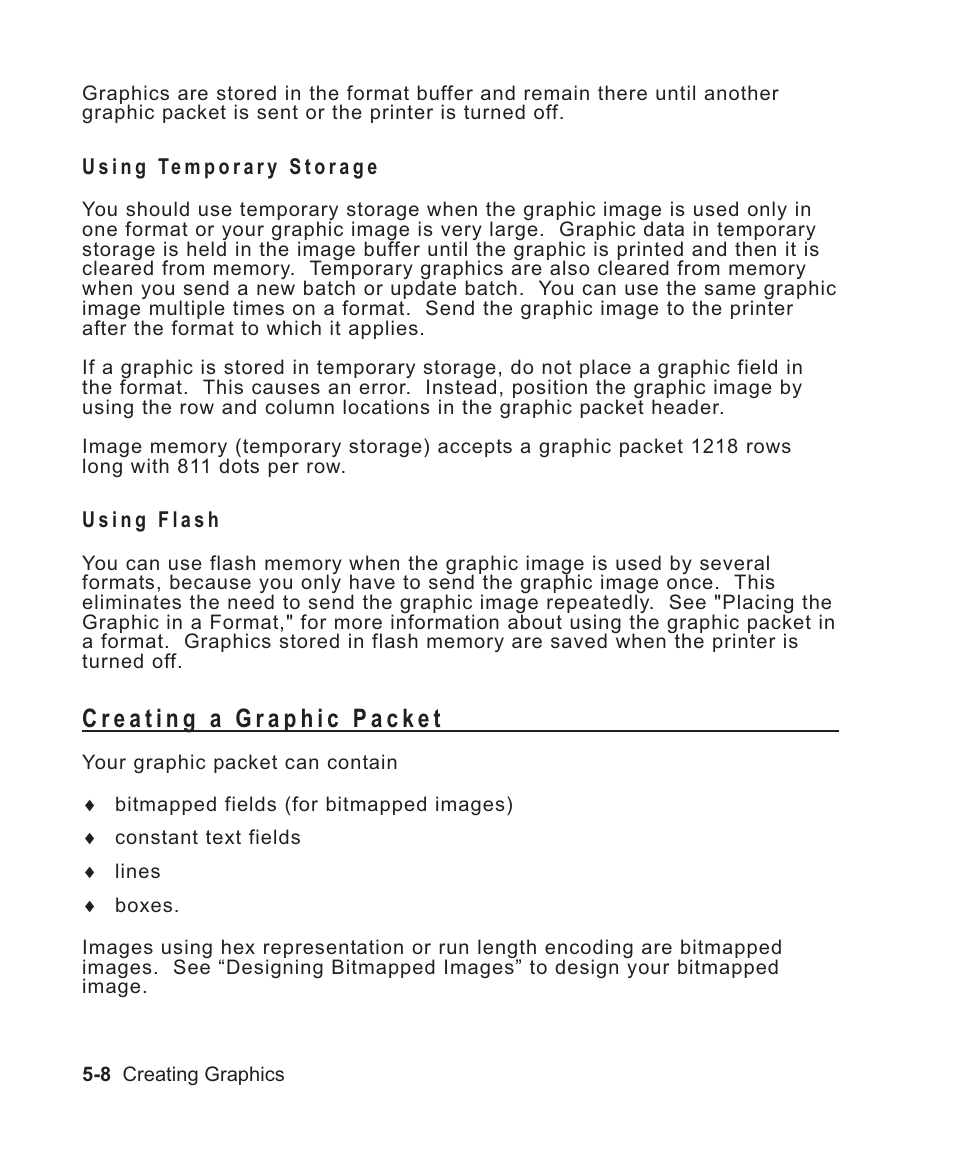 Using temporary storage 5-8, Using flash 5-8, Creating a graphic packet 5-8 | Using temporary storage -8, Using flash -8, Creating a graphic packet -8 | Avery Dennison Sierra Sport2 9460 Programmer Manual User Manual | Page 96 / 230