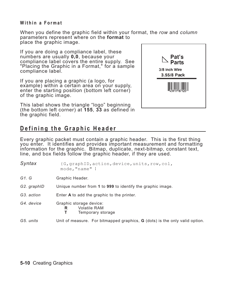 Defining the graphic header 5-10, Defining the header 5-10, Graphic header 5-10 | Graphic image in a format 5-10, Defining the graphic header -10 | Avery Dennison Sierra Sport2 9460 Programmer Manual User Manual | Page 98 / 230