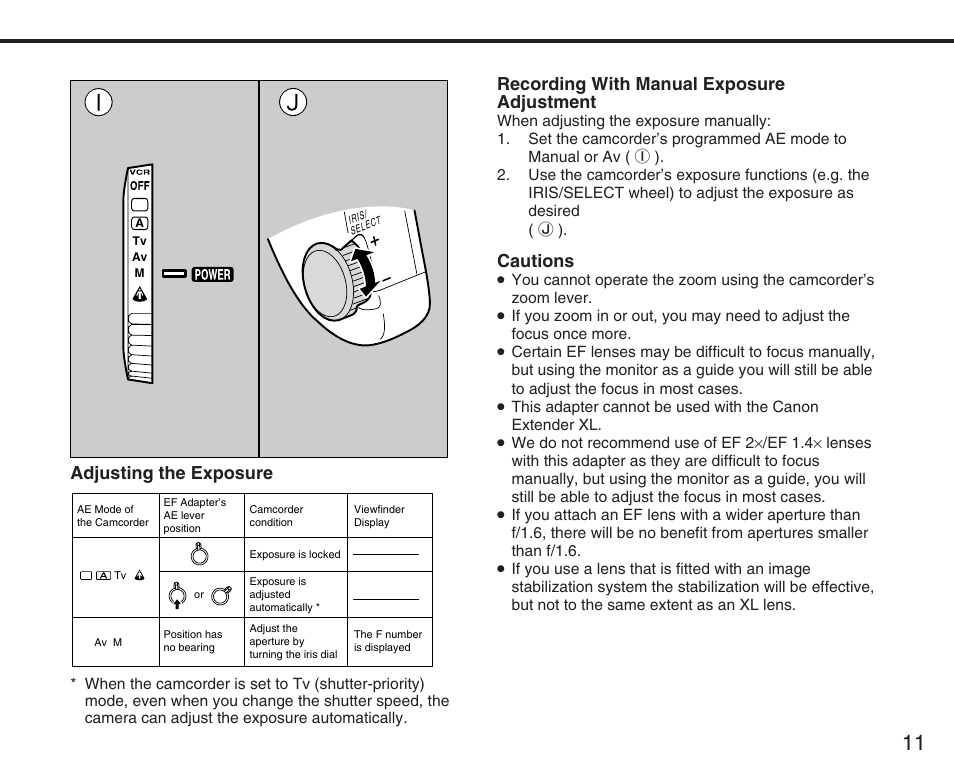 Recording with manual exposure adjustment, Cautions, Adjusting the exposure | Canon XL User Manual | Page 11 / 44