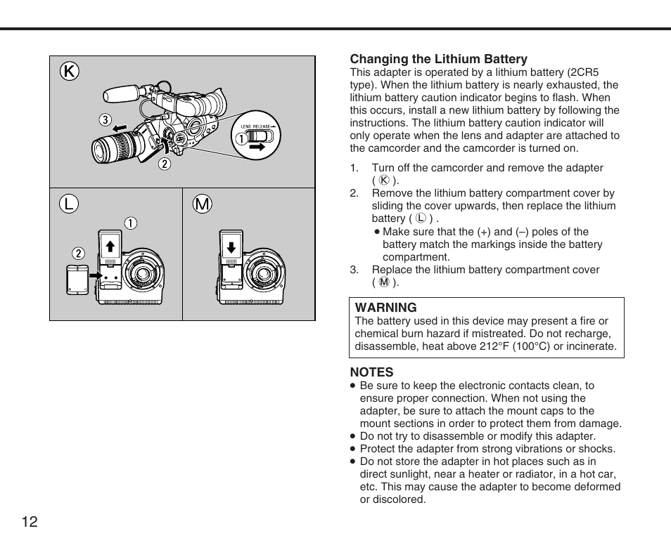 Changing the lithium battery, Warning | Canon XL User Manual | Page 12 / 44